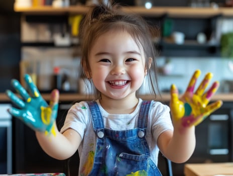 Happy toddler painting hands kitchen background photo