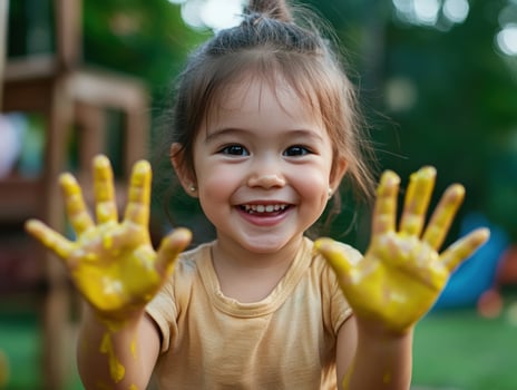 Happy toddler girl painting hands yellow outdoors photo