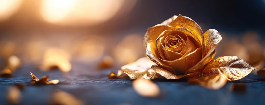 Golden rose sunset backdrop petals scattered luxury photo