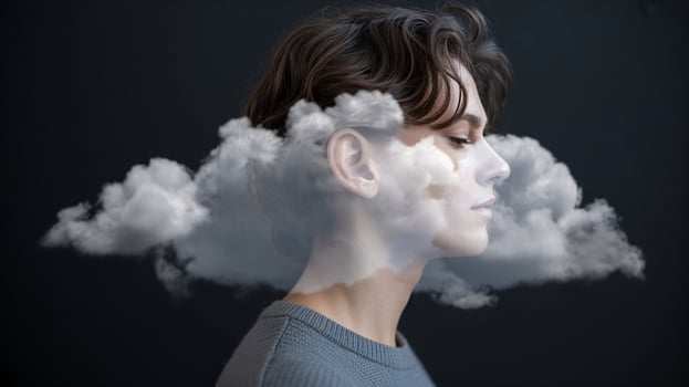 A contemplative young woman with short, dark hair, surrounded by dreamy clouds, evoking a sense of tranquility. photo