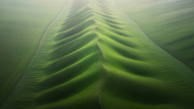 Aerial view of vibrant green undulating hills under soft light, creating a serene and calming landscape. photo