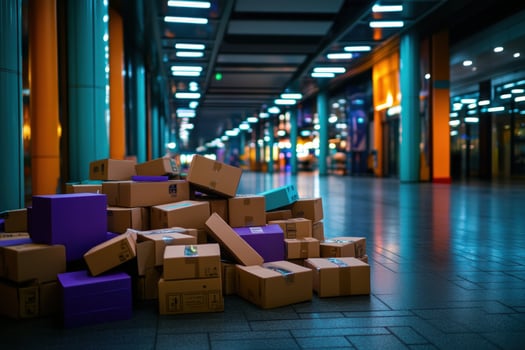 Nighttime delivery packages piled indoor mall blurred shops photo