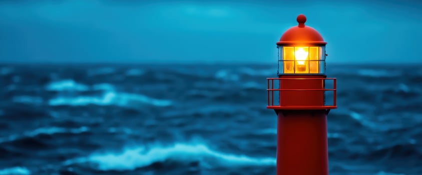 Illuminated lighthouse in stormy sea at night photo