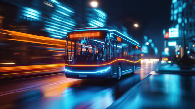 Futuristic bus speeding through city night blurred lights photo