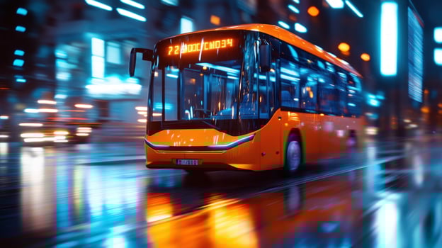 Night city bus travel rain blurred lights photo