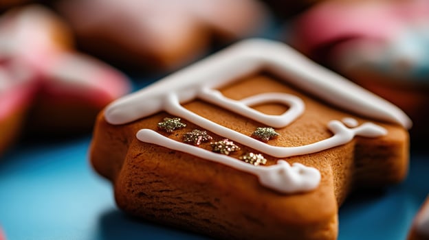 Decorated gingerbread house cookie closeup festive background photo