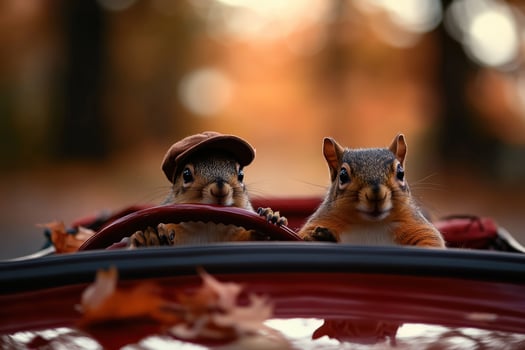 Squirrels driving vintage car autumn park sunset photo
