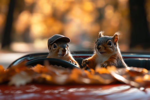 Squirrels driving car autumn leaves park fall fun photo