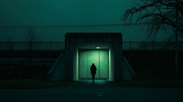 A solitary figure walks towards a softly lit entrance, surrounded by shadows in a quiet, eerie ambiance. photo