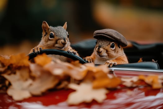 Squirrels driving car autumn leaves park background funny photo