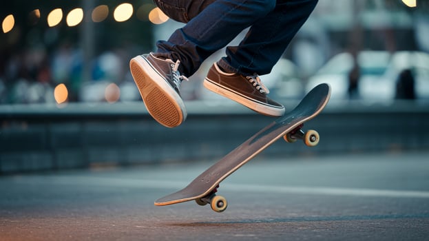 A male skater performing a trick above his skateboard during sunset in an urban setting. photo