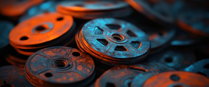 Rusty metal spools stacked dark background photo