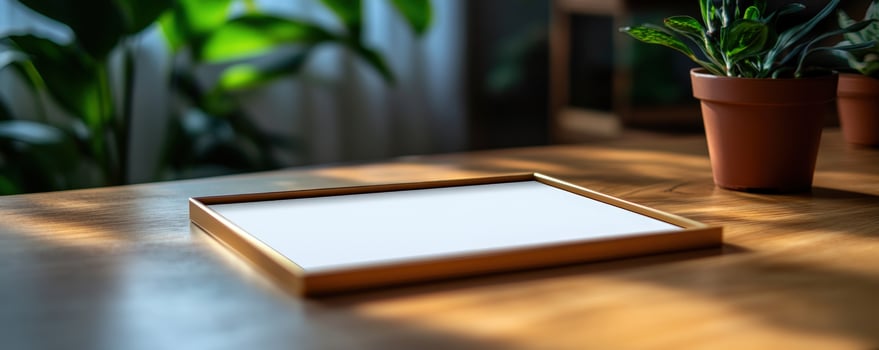 Blank frame on wooden table plants background sunlight photo