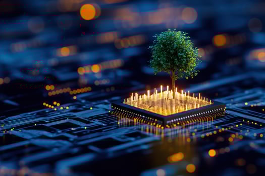 Green tech tree growing on microchip city lights photo