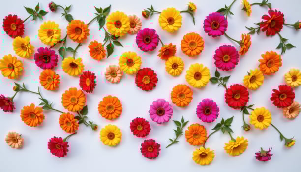 bright zinnias decorating a white wall, petals forming layered circles of rich and vivid colorss photo