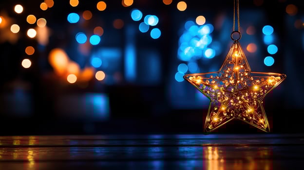 Illuminated star on wood festive lights blurred background photo