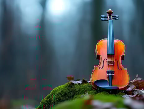 Violin rests on mossy rock autumn forest background nature music concept photo