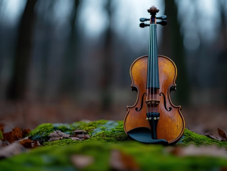 Violin rests on moss autumn forest background nature music concept photo