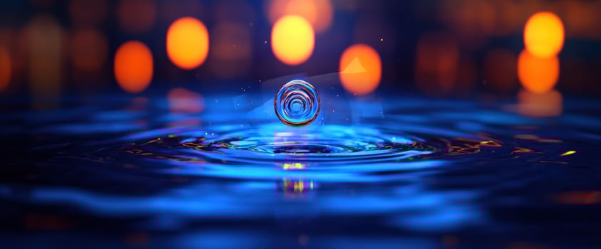 Water droplet impact night lights ripple blue liquid abstract photo