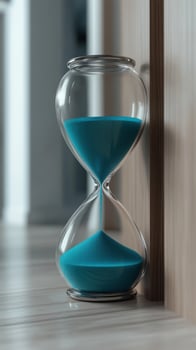 Blue hourglass sands falling indoors time lapse photo