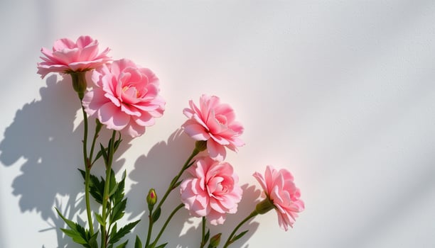 soft pink carnations pressed to a white wall, petals layered like fine fabric in the afternoon suns photo