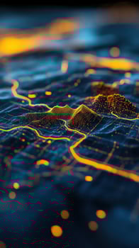 Night city map glowing roads, hills, digital terrain photo