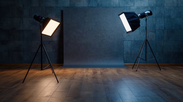 Studio lighting setup, photography backdrop, wood floor, dark wall, product shoot photo