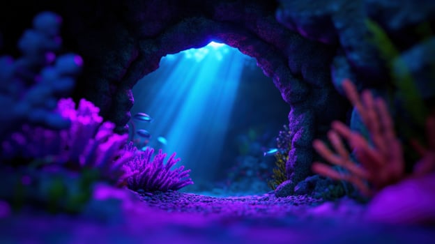 Underwater cave, coral reef, sunlight, ocean, mystery, background, aquarium, screen photo