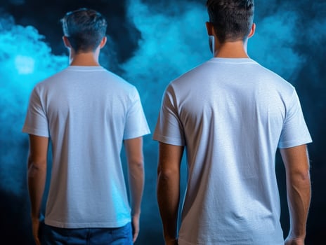 Men's white t-shirts, studio, blue smoke, mockup photo
