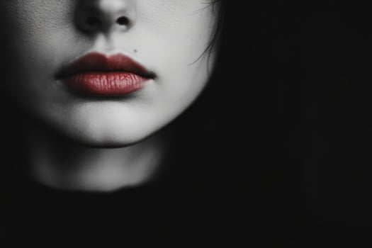 Woman's face is pale, contrasted by vivid red lips photo