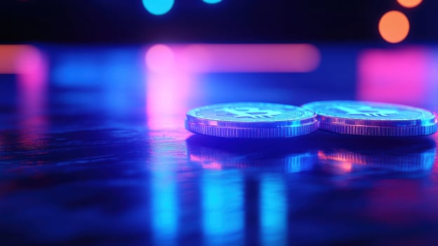 Crypto coins glow, neon night, finance, future photo