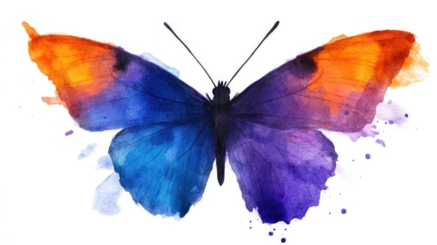Watercolor butterfly, vibrant wings, white background, splash design, nature art photo