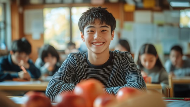 A boy smiles while sitting at a table with apples photo