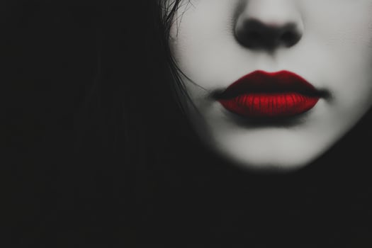 Red lips against stark darkness, face obscured photo
