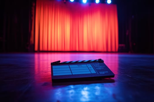 Filmmaking clapperboard on stage, red curtain backdrop photo