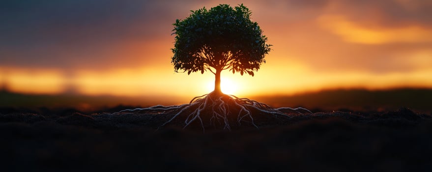 Sunset tree roots soil growth nature background photo