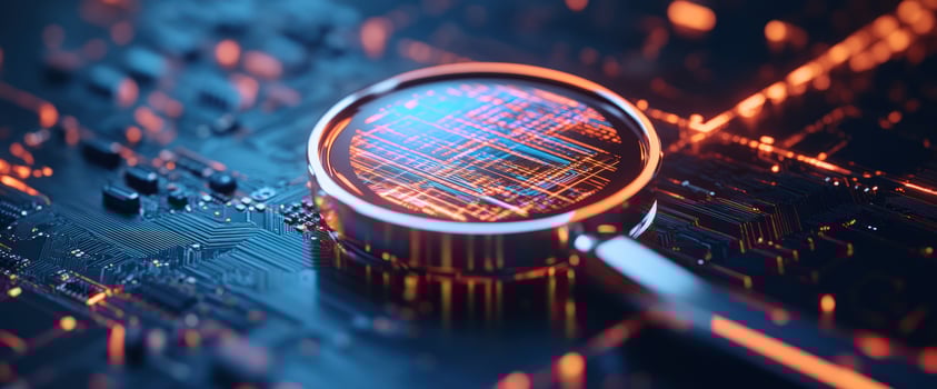 Magnifying Glass on Circuit Board, Data Analysis, Technology Background photo