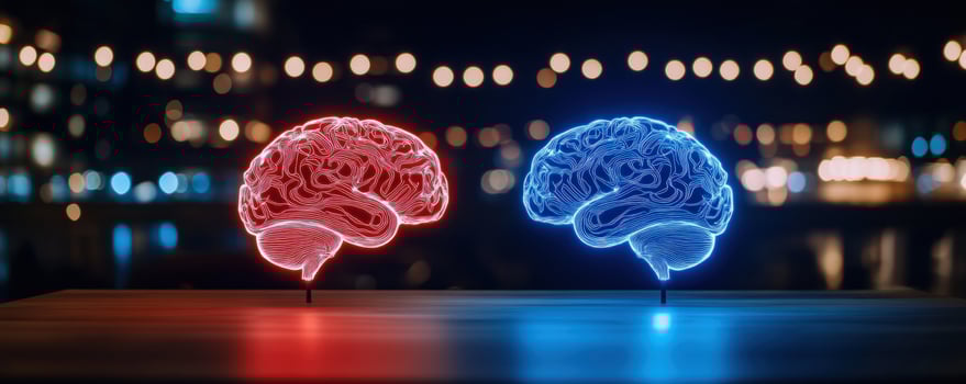 Illuminated brains face city night, concept photo