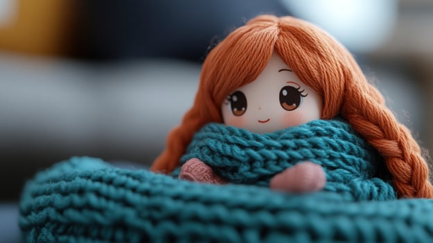Cozy yarn doll in teal scarf, indoor room blur photo