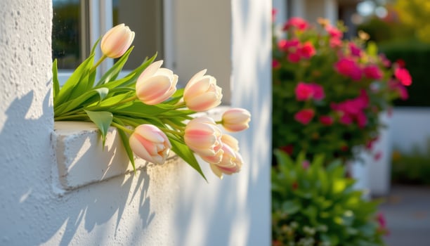 pale tulips leaning on a smooth white wall, blossoms open wide in the still late afternoon warmths photo