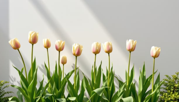 pale tulips standing tall on a pure white wall, blossoms opening slowly in warm sunlights photo