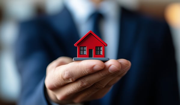 A man in a suit holding a house model in his hand photo