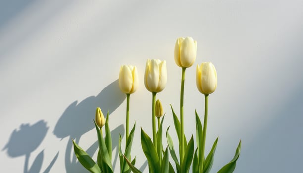 pale tulips standing tall against a clean white wall, blossoms opening slowly in late afternoons photo