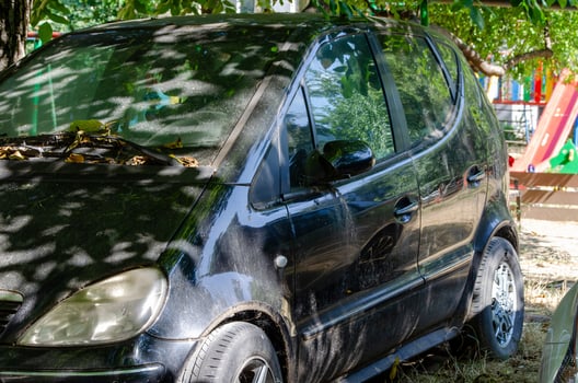 A dirty black car is parked in a parking lot. The car is covered in dirt and leaves, and it is abandoned. The scene gives off a sense of neglect and decay photo