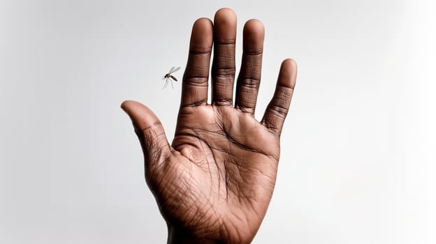 Open palm blocks tiny mosquito in stop gesture representing insect control and pest prevention. Hand protection against disease-carrying mosquitoes and flying insect repellent concept. photo