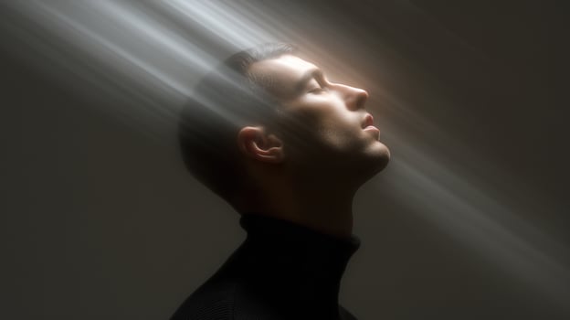 Peaceful man in meditation with dramatic light rays illuminating his profile. Serene moment of prayer and mindfulness representing mental health, spiritual wellness and inner peace. photo