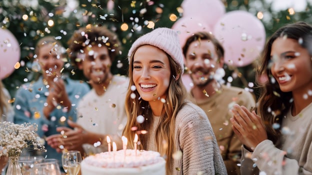 Birthday party celebration with happy friends cheering around cake with candles. Young woman in pink beanie smiling as confetti falls during festive gathering indoors. photo