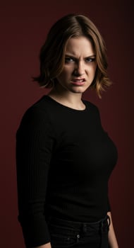 Vertical portrait of a furious young woman snarling with an intense expression of pure rage photo