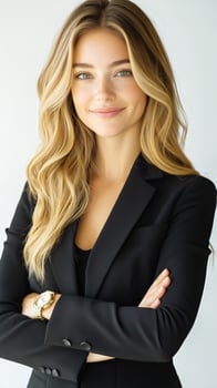 A beautiful blonde woman in a black suit photo