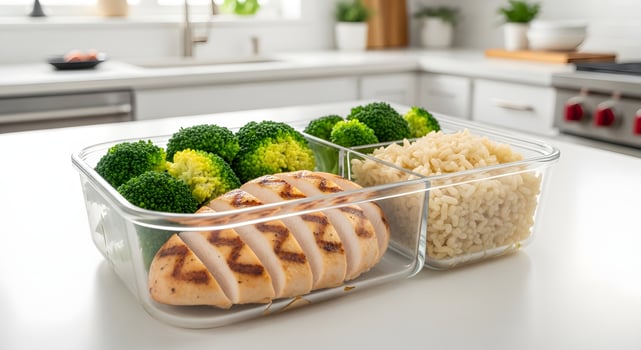 Healthy Meal Prep Grilled Chicken, Rice, Broccoli photo
